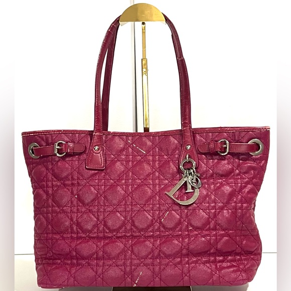 CHRISTIAN DIOR Coated Canvas Cannage Quilted Medium Panarea Tote in Fuschia - Picture 1 of 10